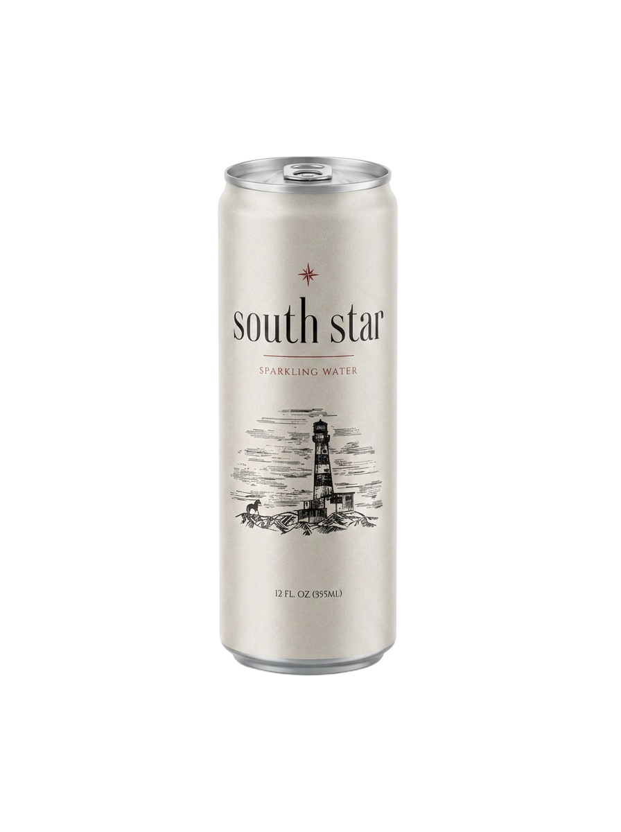 South Star sparkling water can held at a rustic wooden table overlooking the sea