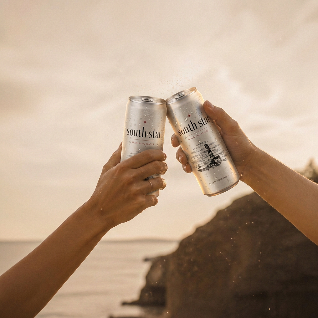 Two hands raising South Star sparkling water cans in a toast above a coastal shoreline